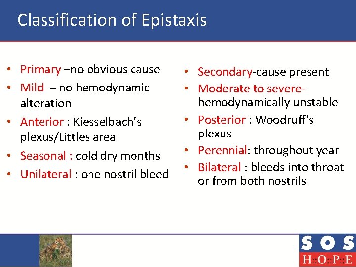 Classification of Epistaxis • Primary –no obvious cause • Mild – no hemodynamic alteration