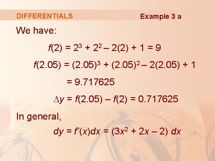 DIFFERENTIALS Example 3 a We have: f(2) = 23 + 22 – 2(2) +