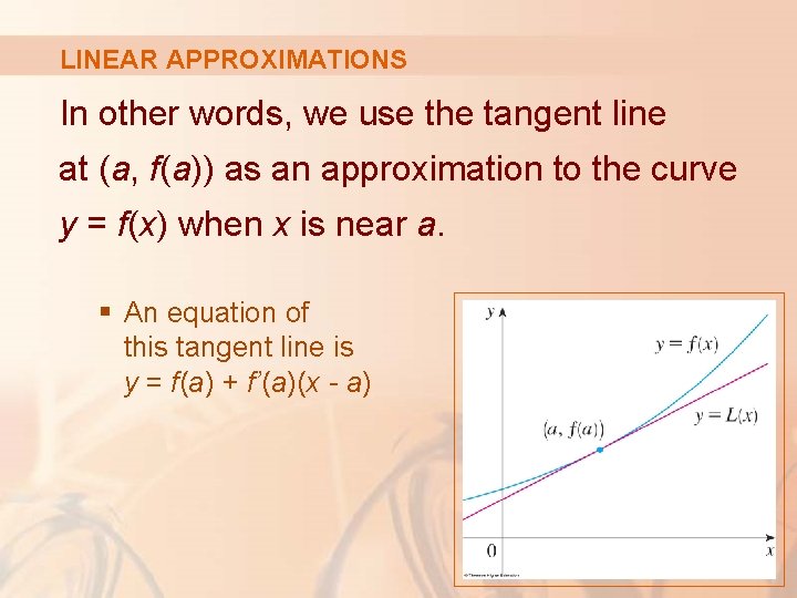 LINEAR APPROXIMATIONS In other words, we use the tangent line at (a, f(a)) as