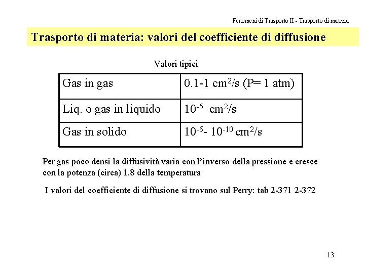 Fenomeni di Trasporto II - Trasporto di materia: valori del coefficiente di diffusione Valori