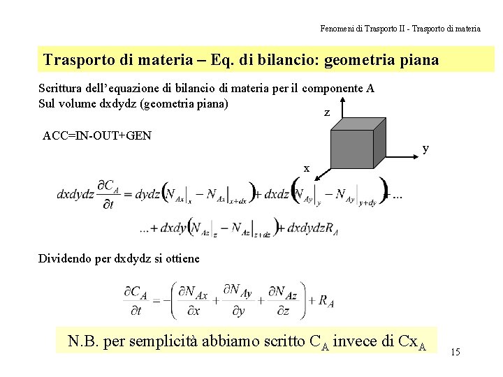 Fenomeni di Trasporto II - Trasporto di materia – Eq. di bilancio: geometria piana