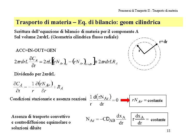 Fenomeni di Trasporto II - Trasporto di materia – Eq. di bilancio: geom cilindrica