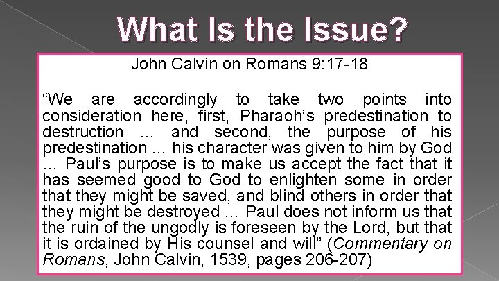 What Is the Issue? John Calvin on Romans 9: 17 -18 “We are accordingly