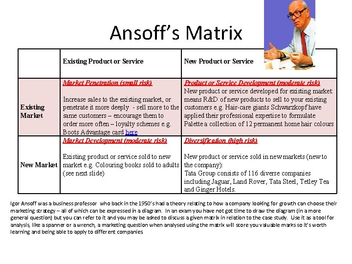 Ansoff’s Matrix Existing Product or Service Market Penetration (small risk) Increase sales to the Ansoff’s Matrix Existing Product or Service Market Penetration (small risk) Increase sales to the