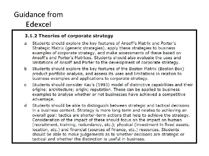 Guidance from Edexcel Guidance from Edexcel