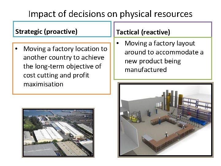 Impact of decisions on physical resources Strategic (proactive) Tactical (reactive) • Moving a factory Impact of decisions on physical resources Strategic (proactive) Tactical (reactive) • Moving a factory