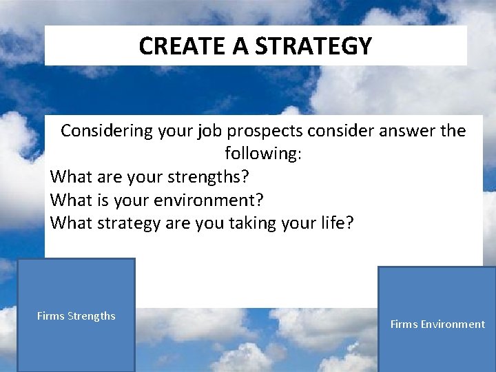 CREATE A STRATEGY Considering your job prospects consider answer the following: What are your CREATE A STRATEGY Considering your job prospects consider answer the following: What are your
