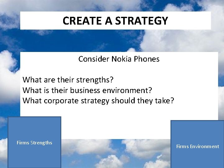 CREATE A STRATEGY Consider Nokia Phones What are their strengths? What is their business CREATE A STRATEGY Consider Nokia Phones What are their strengths? What is their business