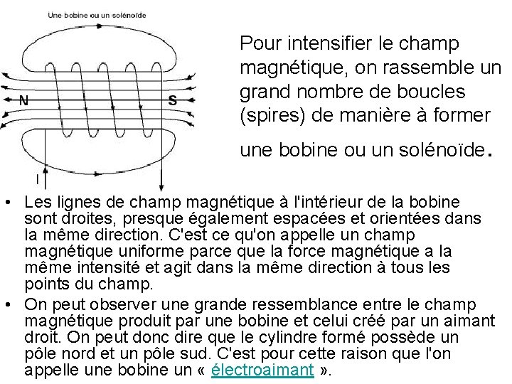 Pour intensifier le champ magnétique, on rassemble un grand nombre de boucles (spires) de Pour intensifier le champ magnétique, on rassemble un grand nombre de boucles (spires) de
