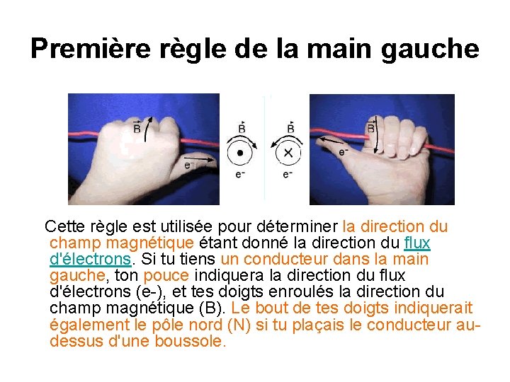 Première règle de la main gauche Cette règle est utilisée pour déterminer la direction Première règle de la main gauche Cette règle est utilisée pour déterminer la direction