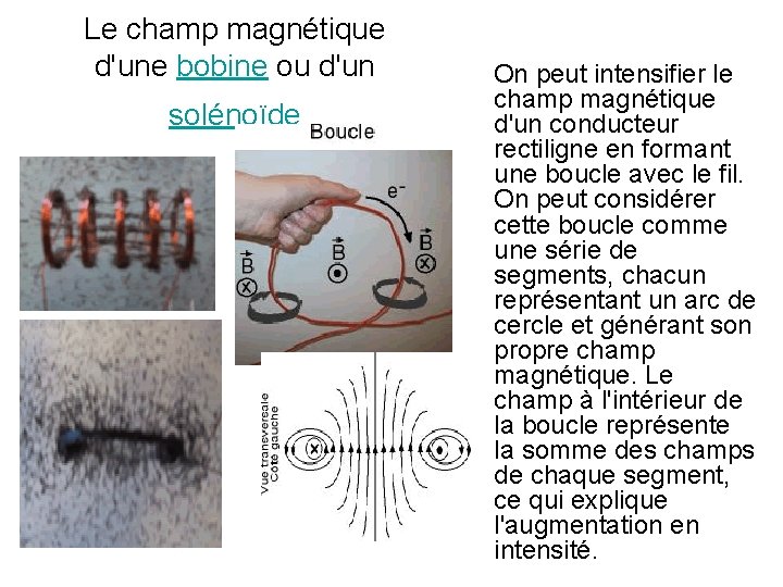 Le champ magnétique d'une bobine ou d'un solénoïde On peut intensifier le champ magnétique Le champ magnétique d'une bobine ou d'un solénoïde On peut intensifier le champ magnétique