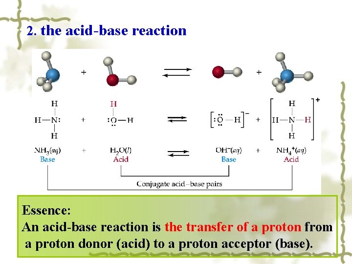 2. the acid-base reaction Essence: An acid-base reaction is the transfer of a proton 2. the acid-base reaction Essence: An acid-base reaction is the transfer of a proton