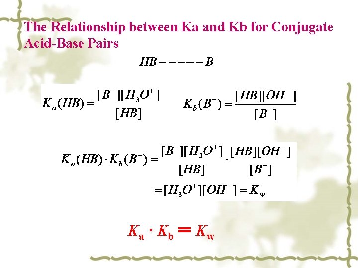 The Relationship between Ka and Kb for Conjugate Acid-Base Pairs Ka · Kb = The Relationship between Ka and Kb for Conjugate Acid-Base Pairs Ka · Kb =