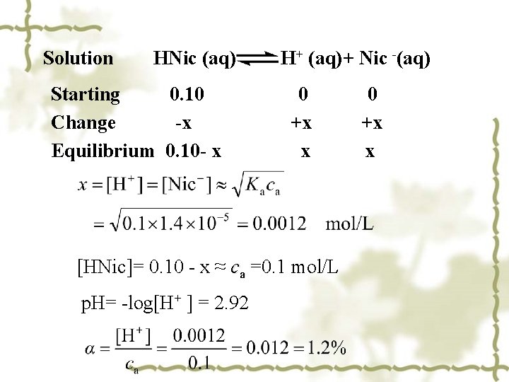 Solution HNic (aq) Starting 0. 10 Change -x Equilibrium 0. 10 - x H+ Solution HNic (aq) Starting 0. 10 Change -x Equilibrium 0. 10 - x H+