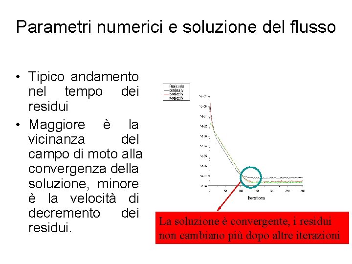 Parametri numerici e soluzione del flusso • Tipico andamento nel tempo dei residui •
