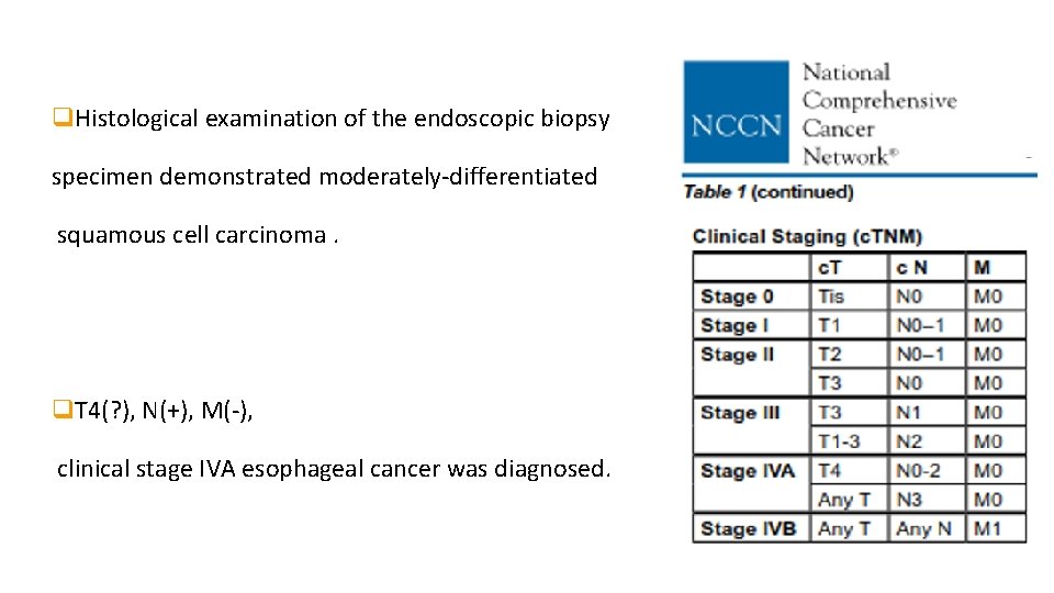 q. Histological examination of the endoscopic biopsy specimen demonstrated moderately-differentiated squamous cell carcinoma. q.