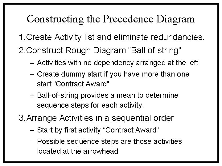 Constructing the Precedence Diagram 1. Create Activity list and eliminate redundancies. 2. Construct Rough