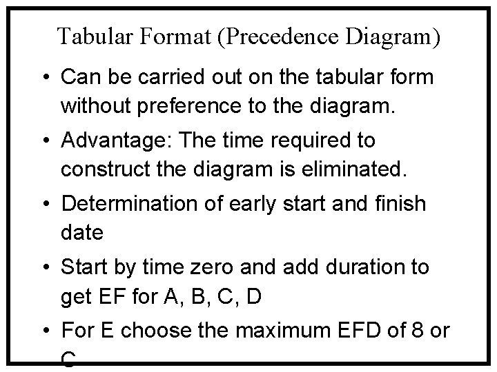 Tabular Format (Precedence Diagram) • Can be carried out on the tabular form without