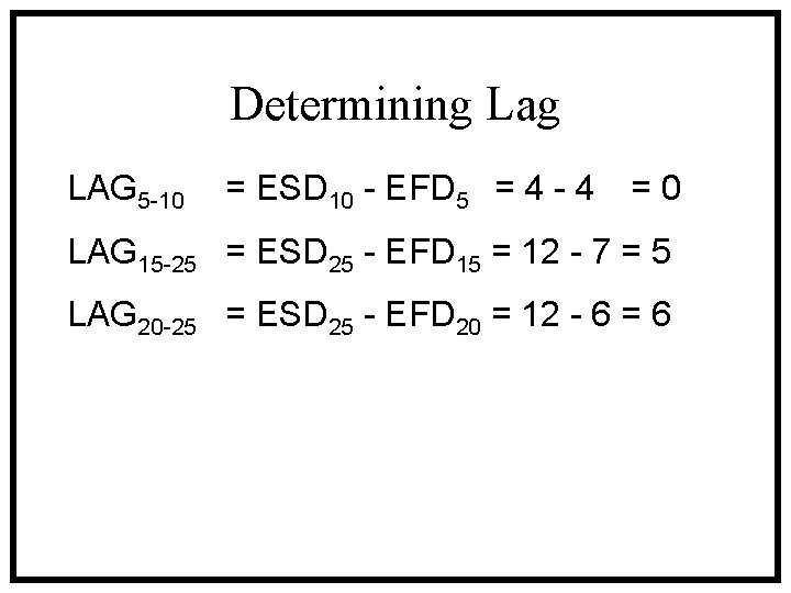 Determining Lag LAG 5 -10 = ESD 10 - EFD 5 = 4 -