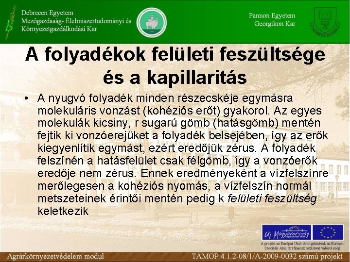 A folyadékok felületi feszültsége és a kapillaritás • A nyugvó folyadék minden részecskéje egymásra