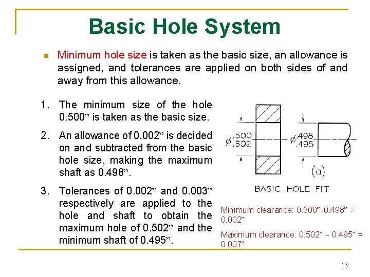 Basic Hole System n Minimum hole size is taken as the basic size, an