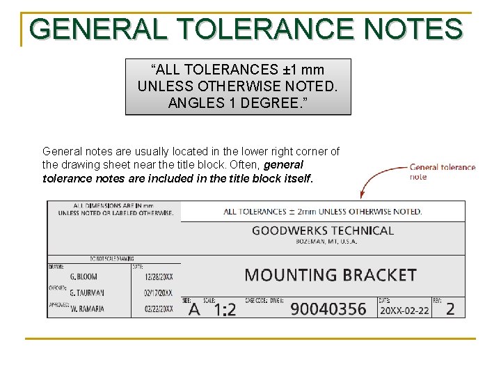 GENERAL TOLERANCE NOTES “ALL TOLERANCES ± 1 mm UNLESS OTHERWISE NOTED. ANGLES 1 DEGREE.