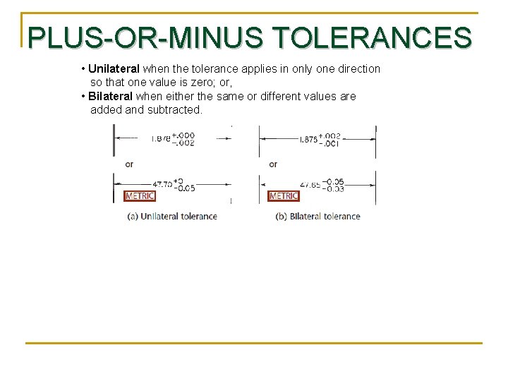 PLUS-OR-MINUS TOLERANCES • Unilateral when the tolerance applies in only one direction so that