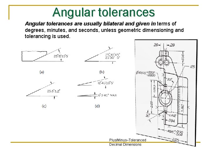 Angular tolerances are usually bilateral and given in terms of degrees, minutes, and seconds,
