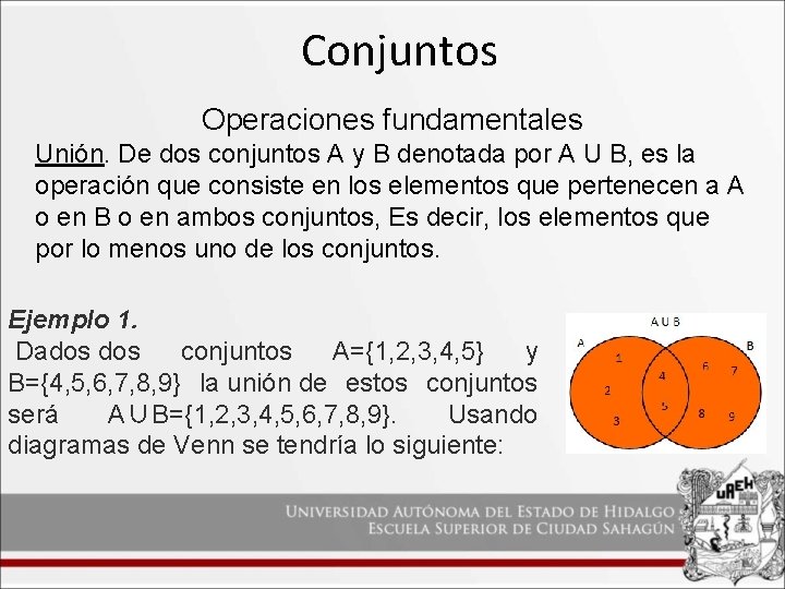 Conjuntos Operaciones fundamentales Unión. De dos conjuntos A y B denotada por A U