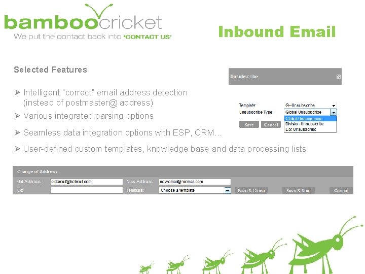 Inbound Email Selected Features Ø Intelligent “correct” email address detection (instead of postmaster@ address)