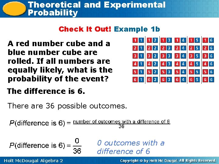 Theoretical and Experimental Probability Check It Out! Example 1 b A red number cube
