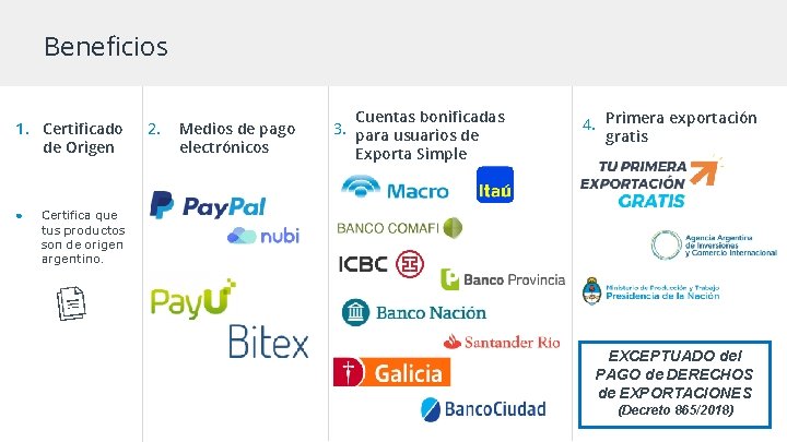 Beneficios 1. Certificado de Origen ● 2. Medios de pago electrónicos Cuentas bonificadas 3. Beneficios 1. Certificado de Origen ● 2. Medios de pago electrónicos Cuentas bonificadas 3.
