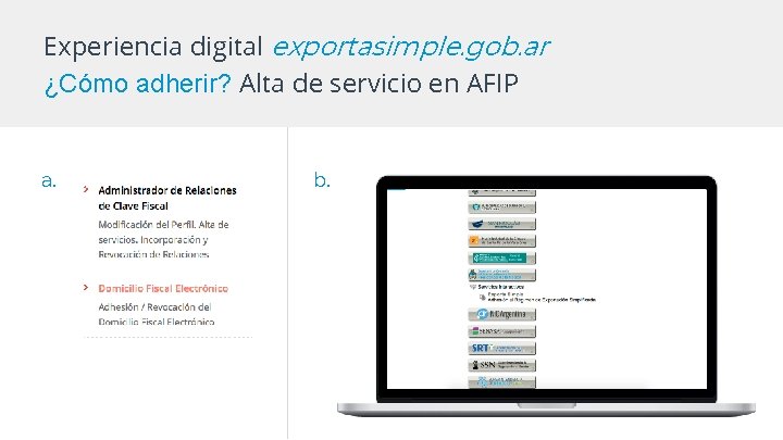 Experiencia digital exportasimple. gob. ar ¿Cómo adherir? Alta de servicio en AFIP a. b. Experiencia digital exportasimple. gob. ar ¿Cómo adherir? Alta de servicio en AFIP a. b.