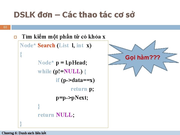 DSLK đơn – Các thao tác cơ sở 60 Tìm kiếm một phần tử