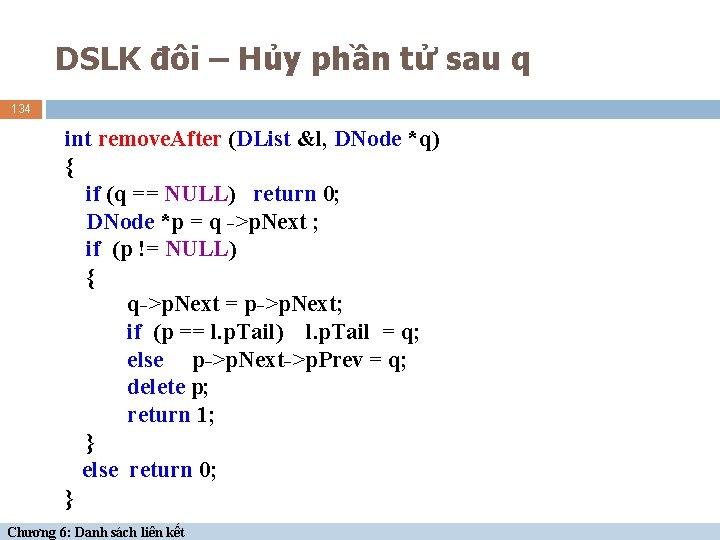DSLK đôi – Hủy phần tử sau q 134 int remove. After (DList &l,