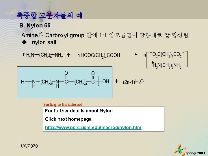 축중합 고분자들의 예 B. Nylon 66 Amine과 Carboxyl group 간에 1: 1 암모늄염이 당량대로