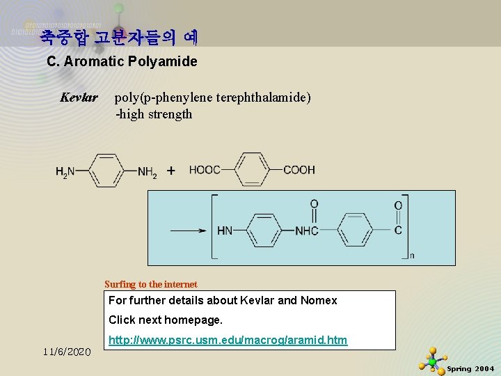 축중합 고분자들의 예 C. Aromatic Polyamide Kevlar poly(p-phenylene terephthalamide) -high strength Surfing to the