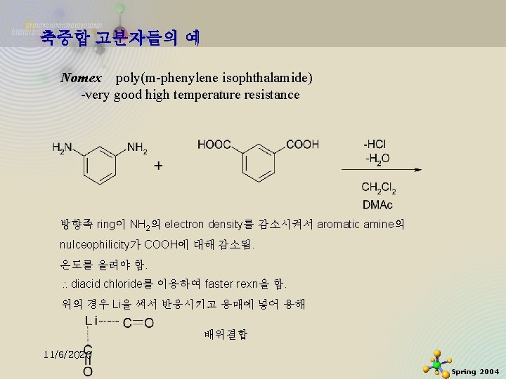 축중합 고분자들의 예 Nomex poly(m-phenylene isophthalamide) -very good high temperature resistance 방향족 ring이 NH