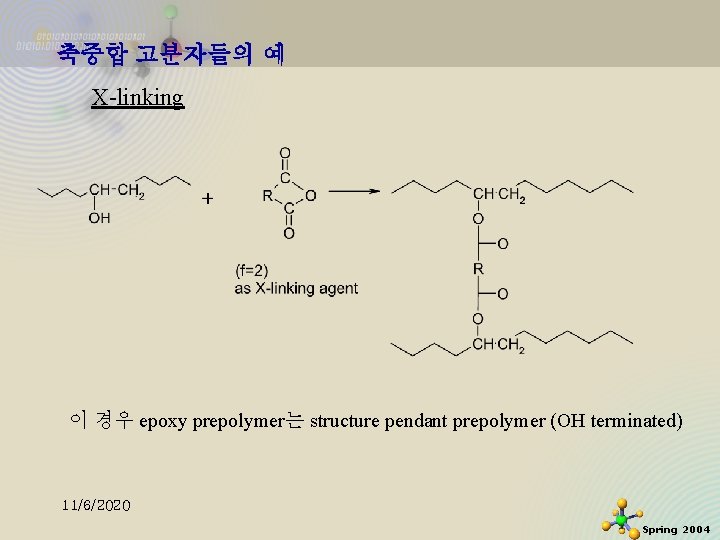축중합 고분자들의 예 X-linking 이 경우 epoxy prepolymer는 structure pendant prepolymer (OH terminated) 11/6/2020