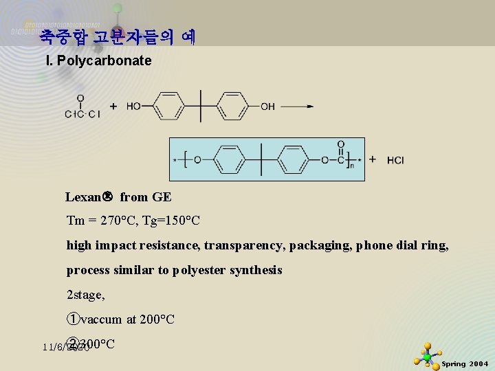 축중합 고분자들의 예 I. Polycarbonate Lexan from GE Tm = 270°C, Tg=150°C high impact