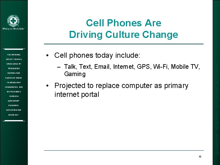 Cell Phones Are Driving Culture Change SAFETY COUNCIL SAVES LIVES BY PREVENTING INJURIES AND