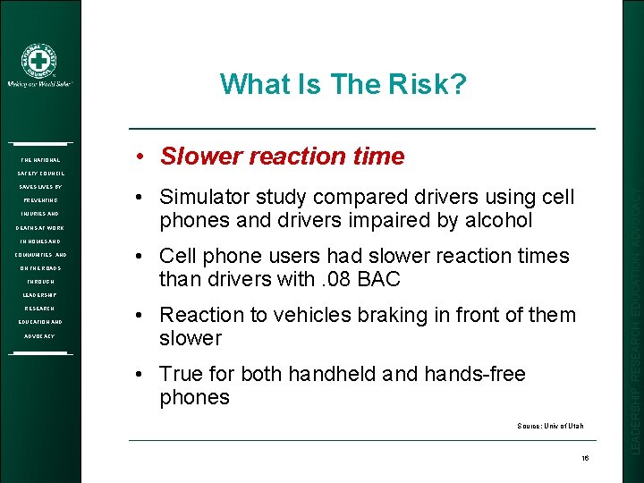 What Is The Risk? THE NATIONAL • Slower reaction time SAVES LIVES BY PREVENTING