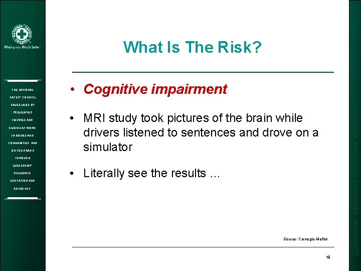 What Is The Risk? SAFETY COUNCIL • Cognitive impairment SAVES LIVES BY PREVENTING INJURIES