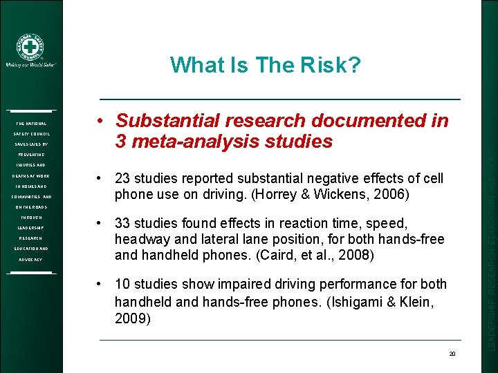 THE NATIONAL SAFETY COUNCIL SAVES LIVES BY • Substantial research documented in 3 meta-analysis