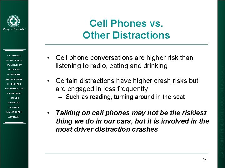 THE NATIONAL SAFETY COUNCIL SAVES LIVES BY PREVENTING • Cell phone conversations are higher
