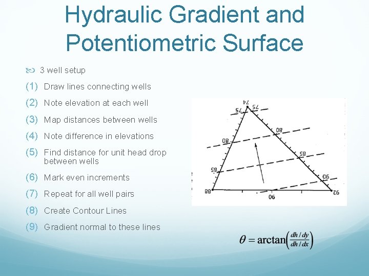 Hydraulic Gradient and Potentiometric Surface 3 well setup (1) Draw lines connecting wells (2)