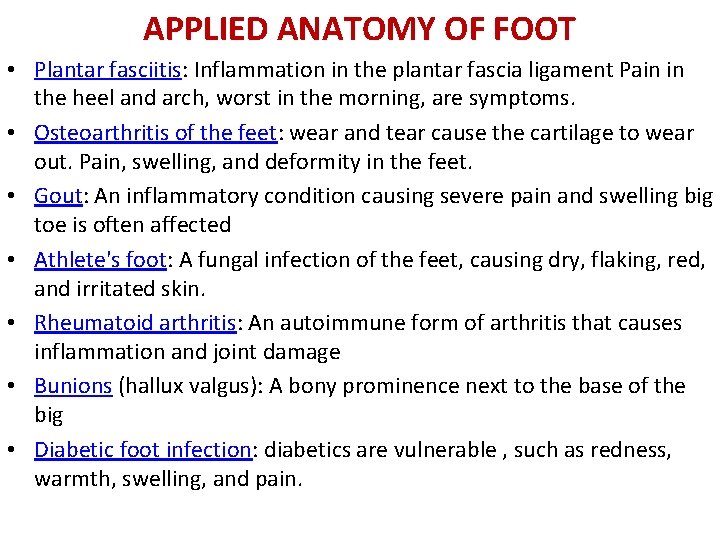 APPLIED ANATOMY OF FOOT • Plantar fasciitis: Inflammation in the plantar fascia ligament Pain