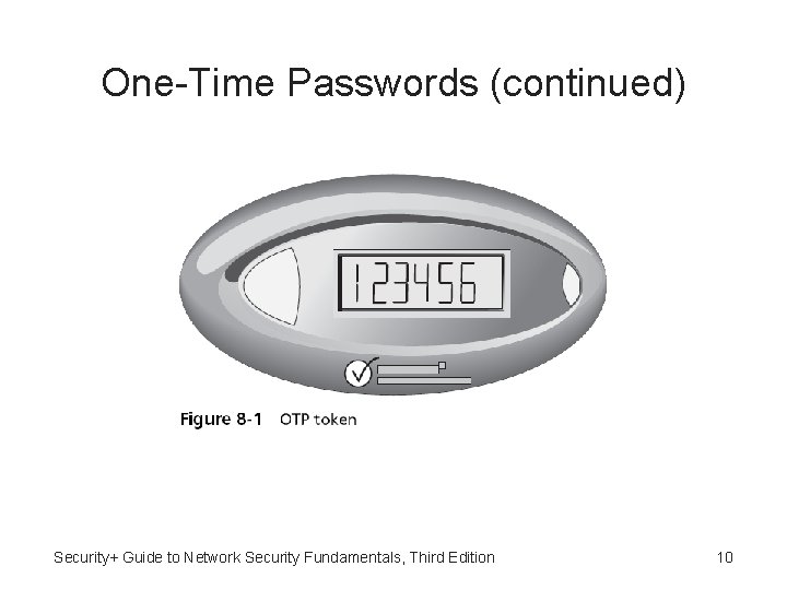 One-Time Passwords (continued) Security+ Guide to Network Security Fundamentals, Third Edition 10 