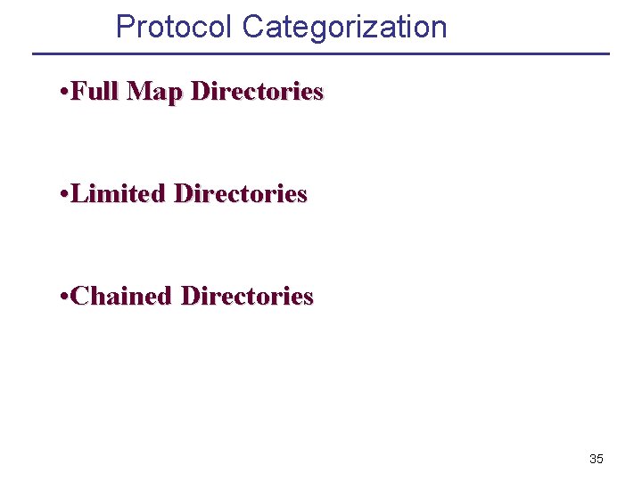 Protocol Categorization • Full Map Directories • Limited Directories • Chained Directories 35 