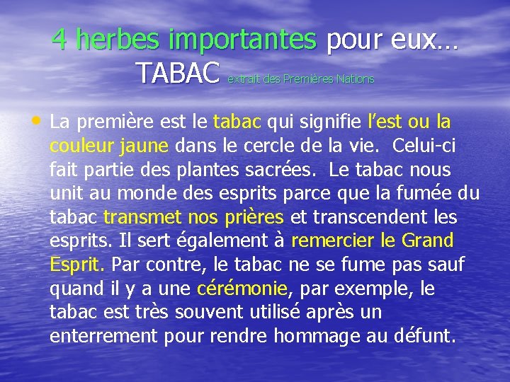 4 herbes importantes pour eux… TABAC extrait des Premières Nations • La première est